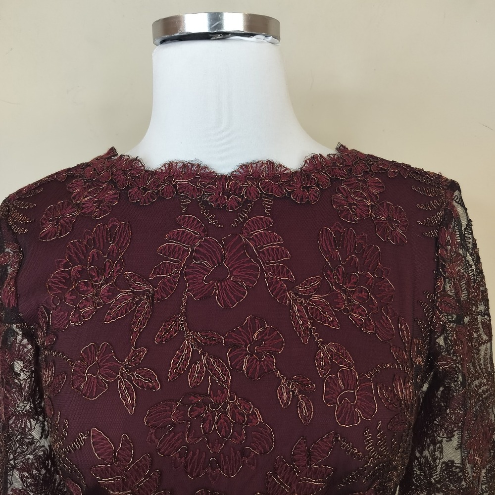 Tadashi Shoji Lace Embroidered Sheath Dress 2 Sheer Overlay Cocktail Raisin - Picture 3 of 14